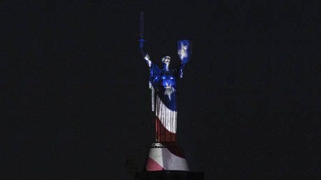 Motherland monument in Kiev illuminated in the colors of the US flag on July 4, 2023.