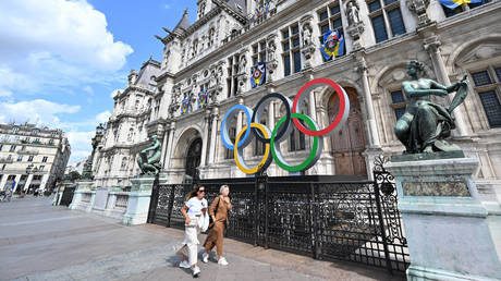 FILE PHOTO: The Olympic rings in front of Paris City Hall