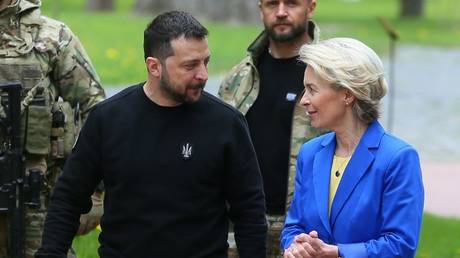 Ukrainian President Volodymyr Zelenskyy (L) and President of European Commission Ursula von der Leyen (R) leave after holding a joint press conference in Kyiv, Ukraine on May 09, 2023.