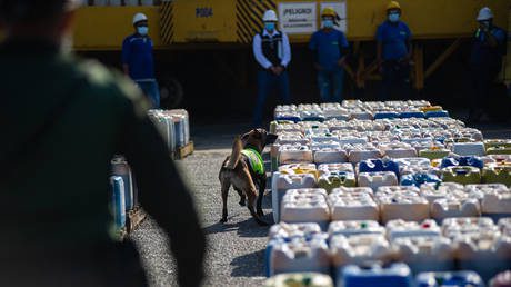 Members of Colombia's anti-narcotics police seize a cargo of molasses mixed with cocaine that was being sent to Valencia in Spain at the Ship Cargo terminal in Cartagena, Colombia on February 4, 2022